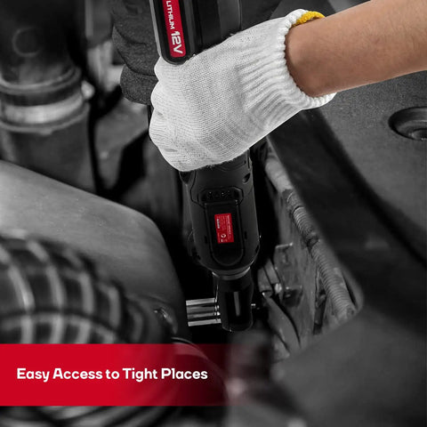 Three Eighths Inch Cordless Electric Ratchet Wrench Set With Beast Torque At 55 Ft-Lbs being used in tight engine space