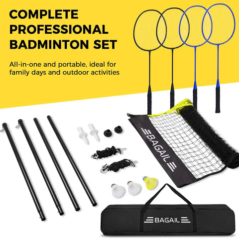 Outdoor Badminton Net Set With Anti Sag Winch System For Tournament Tightness Official Size Twenty Feet By Five Feet Includes Four Rackets Three Shuttlecocks Durable PE Net And Carry Bag For Backyard Beach And Family Games Yellow shown with included accessories