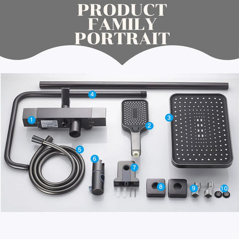 CUTPOIY Thermostatic Shower System, Shower Faucet Set with LED Digital Display components layout including handle, hose, and shower head.