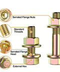 Close-up of 521-Piece Grade 8 Nut and Bolt Set with hex serrated steel flange, showing standard threads and external hex design