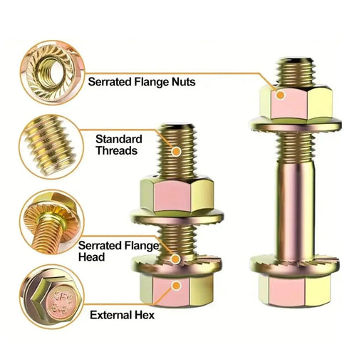 Close-up of 521-Piece Grade 8 Nut and Bolt Set with hex serrated steel flange, showing standard threads and external hex design