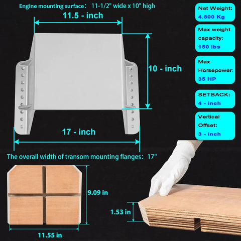 4 Inch Setback Jack Plate For Outboard Motors Up To 35HP With Wooden Mounting Block Included, Adjustable Distance Between Engine And Transom, A Beefy Ready To Go Upgrade For Skiffs, Aluminum Boats, And Inflatable Boats, Easy Clamp On Mount