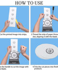 Instructions showing 3 Inch Badge Button Maker Die Cutter For Circle Graphics With Easy Accurate Positioning cutting paper into circles.