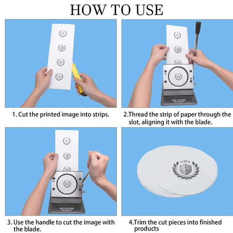 Instructions showing 3 Inch Badge Button Maker Die Cutter For Circle Graphics With Easy Accurate Positioning cutting paper into circles.