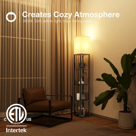 Five-Tier LED Shelf Floor Lamp With White Shade And 3CCT Bulb Foot Switch Space Saving Built-In Shelves for cozy corner setup