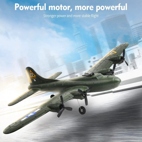 B-17 Bomber RC Airplane Dope 2 Channel Foam Glider With 2.4GHz Remote flying against city skyline