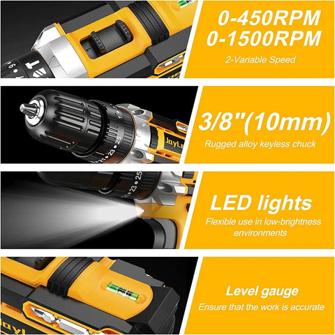 Power Up 21V Cordless Drill Kit With Two Batteries And Charger, 25+3 Torque Settings, 3 Eighths Inch Keyless Chuck, variable speed