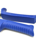 Close-up of blue heat-treated handles of 5-Blade Crimper For Straight And Wide Cut Pinch-Thru Point Cutter, Made In USA