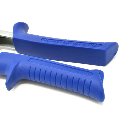 Close-up of blue heat-treated handles of 5-Blade Crimper For Straight And Wide Cut Pinch-Thru Point Cutter, Made In USA