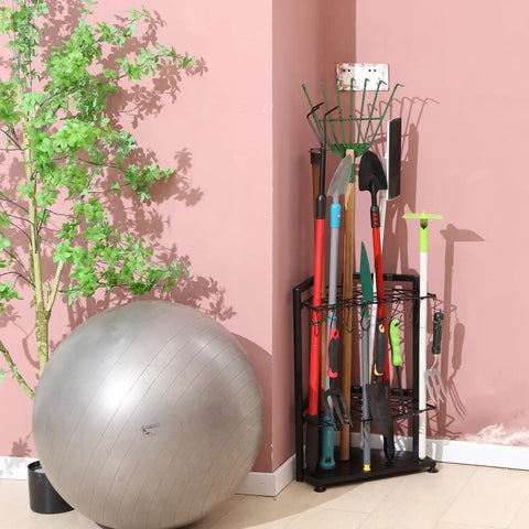 Heavy Duty Garden Tool Organizer Rack For Garage Corner Storage Free Standing No Mount With 31 Tool Grids And 8 Removable Hooks Holds Shovels Rakes Mops Brooms Scissors And Shears For Indoor And Outdoor Use No Fuss