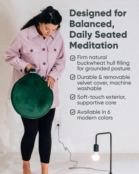 Lux Velvet Meditation Cushion For Posture Support, Large Zafu Yoga Floor Pillow With Buckwheat Hull Fill, Removable Washable Cover, Carry Handle, Round Green Cushion For Mindful Relaxation And Longer Sitting Sessions, green round cushion with carry handle