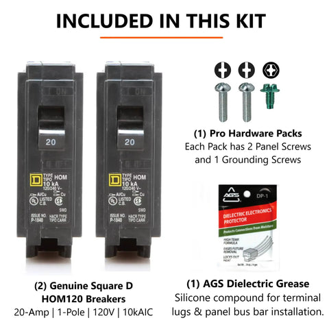 Duo Pack 20 Amp Single Pole 120V Circuit Breakers For Homeline Load Centers And Panel Boxes 10kAIC UL Listed Plug On Replacement Kit OEM Quality Durable Thermal Magnetic Protection, with screws and grease