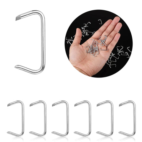 Galvanized Hog Rings Set For Upholstery And Fencing, Three Quarters Inch, 420 Pieces With Storage Box shown in hand and individual pieces