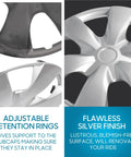 Close-up of 15 Inch Steel Wheel Hubcaps with Durable Metal Retention Rings and silver finish, Universal Fit for most vehicles