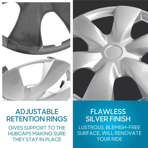 Close-up of 15 Inch Steel Wheel Hubcaps with Durable Metal Retention Rings and silver finish, Universal Fit for most vehicles
