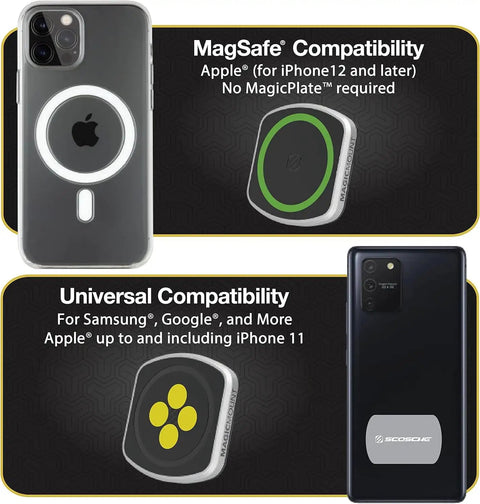 MagSafe Car Phone Mount With ProClip AMPS Base Plate Magnetic Holder For iPhone 12 And Newer and Samsung compatibility options.
