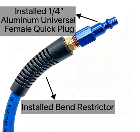 Installed 1/4 Inch By 100 Ft Air Compressor Hose Rated 300 Psi Built Tough Hybrid Composition Universal Plug and Bend Restrictor