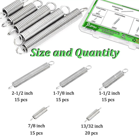 80 Piece Extension Spring Kit With Five Size Varieties Zinc Plated 0.025 Inch Wire Diameter 1/4 Inch Outside Diameter on display