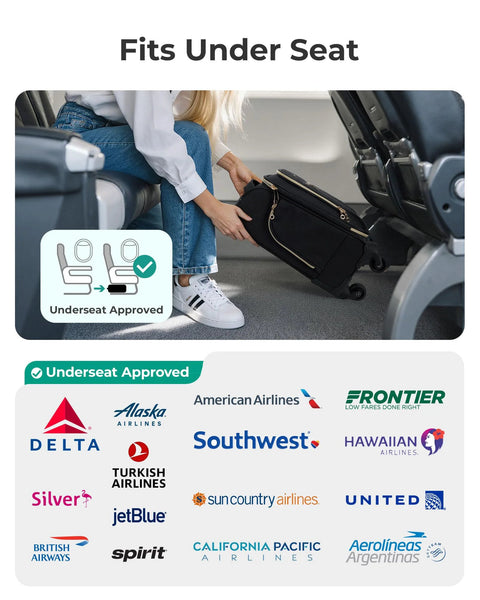 Underseat Carry On Luggage For Air Travel 16 Inch Softside Case With Spinner Wheels fitting under airplane seat, airline logos shown