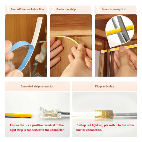 Installation steps for Under Cabinet LED Light Strip Kit 16.4Ft Cuttable Warm White 3000K with Diffused Glow and connectors