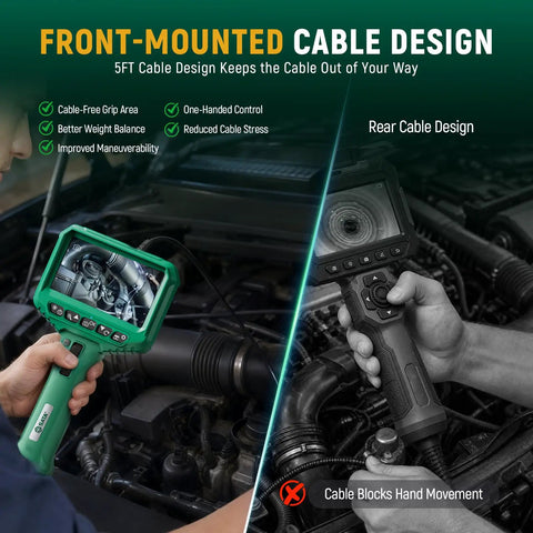 Two-Way Articulating Borescope With Light And 210 Degree Pivot Pro-Grade Snake Camera With IPS HD Display 4X Zoom 5FT Flexible Probe For Automotive HVAC Plumbing And Mechanical Inspection, front-mounted cable design in engine bay