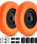 Flat Free 16 Inch Wheelbarrow Tire And Wheel Set Puncture Proof Solid 4.8 4.0 8 Tire Fits 5/8 And 3/4 Bearing 400 Lb Load Orange