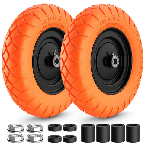 Flat Free 16 Inch Wheelbarrow Tire And Wheel Set Puncture Proof Solid 4.8 4.0 8 Tire Fits 5/8 And 3/4 Bearing 400 Lb Load Orange