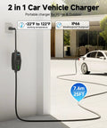Smart Wifi EV Charger With App Control, Adjustable 8 To 16 Amperes, Quick Timer, Dual Voltage Ready, 25 Feet J1772 Cord mounted on wall with vehicle charging.