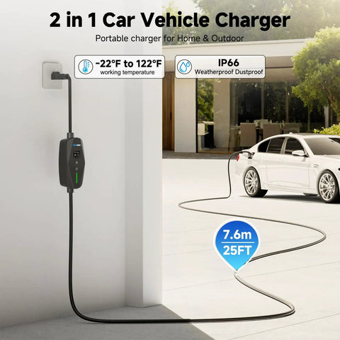 Smart Wifi EV Charger With App Control, Adjustable 8 To 16 Amperes, Quick Timer, Dual Voltage Ready, 25 Feet J1772 Cord mounted on wall with vehicle charging.