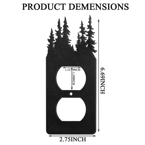 Six Pack Metal Bear Light Switch Covers With Moose Tree Mountain Elk Forest Designs, dimensions shown, black metal switch plate