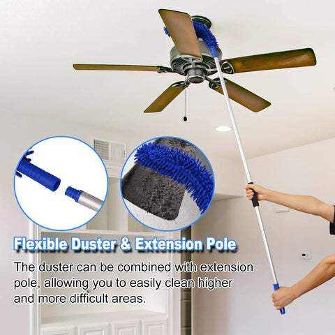 All In One 17 Piece Car Wash Kit With Long Handle Brush cleaning ceiling fan using extension pole and blue chenille duster