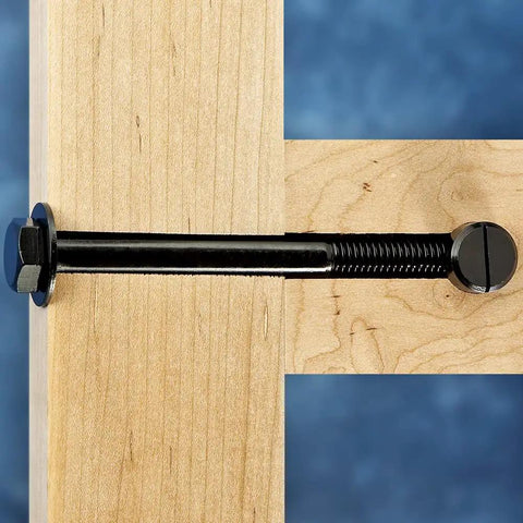 Heavy Duty Cross Dowel And Bolt Kit Eight Pack For Bed Frames And Workbenches With Washers, bolt in wooden frame closeup