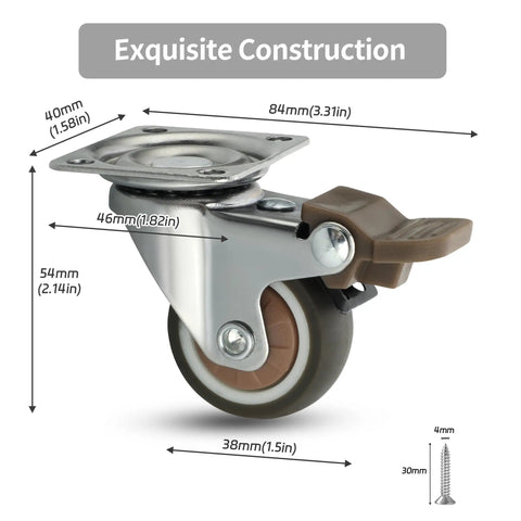 Tough As Nails 1.5 Inch Swivel Casters Set Of Four Heavy Duty Rolling Wheels With Reliable Brake and measurements.