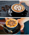 Sturdy Stainless Steel Milk Frothing Pitcher 12 Oz 350 Ml With Barista Grade Latte Art Pen creating intricate designs on coffee
