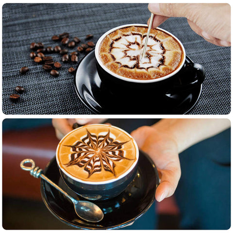 Sturdy Stainless Steel Milk Frothing Pitcher 12 Oz 350 Ml With Barista Grade Latte Art Pen creating intricate designs on coffee