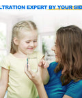 Woman and child holding a glass of clean water, showcasing the effectiveness of a One Micron 2.5 Inch by 10 Inch Whole House CTO Carbon Water Filter.