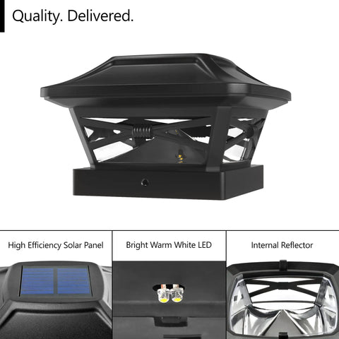 Solar Powered Post Cap Lights For 4x4 5x5 6x6 Posts With Bases Slate Black 25 Lumen Warm White LED Auto On At Dusk Design