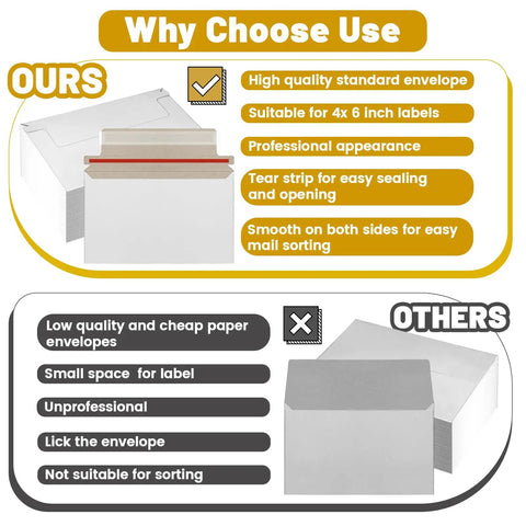 Comparison between high quality and low quality envelopes, highlighting benefits of 110 Pack White Trading Card Shipping Envelopes 7x4.35 Inch Self Adhesive Mailers For Semi-Rigid Sleeves Durable Card Mailing Supplies Lightweight Protective Envelopes For Cards Perfect For Hobby Sellers.