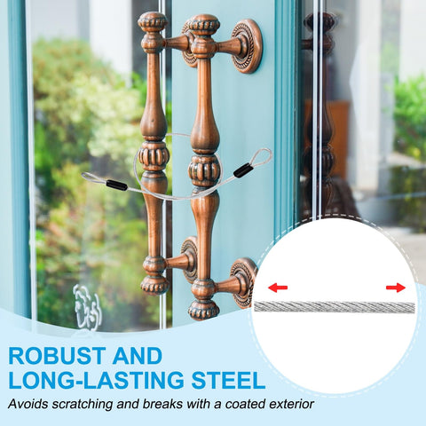 Vinyl Coated Stainless Steel Cable With Loops Four Pack Two Feet Long Five Thirty Second Inch Wire Rope Security Lanyards securing door handles.