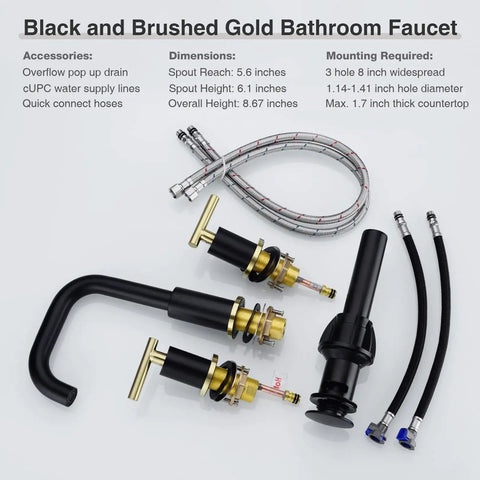 Components of Matte Black And Brushed Gold 2-Handle 8-Inch Widespread Bathroom Faucet With Overflow Drain, including hoses