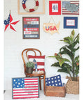 Cozy room with vintage red, white, blue decor. Includes All American Patriotic Stars And Stripes Outdoor Pillow Set Of 2, 14x14 cotton.