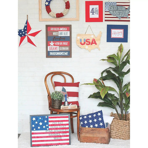 Cozy room with vintage red, white, blue decor. Includes All American Patriotic Stars And Stripes Outdoor Pillow Set Of 2, 14x14 cotton.