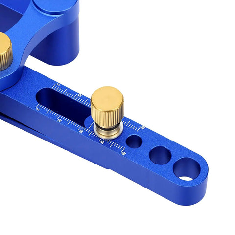 Close-up of Rock Solid Self Centering Doweling Jig 6 Piece Aluminum Alloy Drill Bit Locator with rulers and knobs.