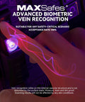 Hand using advanced biometric vein scanner on Heavy Duty Under Desk Gun Safe With Top Notch Biometric Finger Vein Lock For Dual Pistol Quick Grab Bullseye Accuracy Home Office Vehicle Hardened Storage.