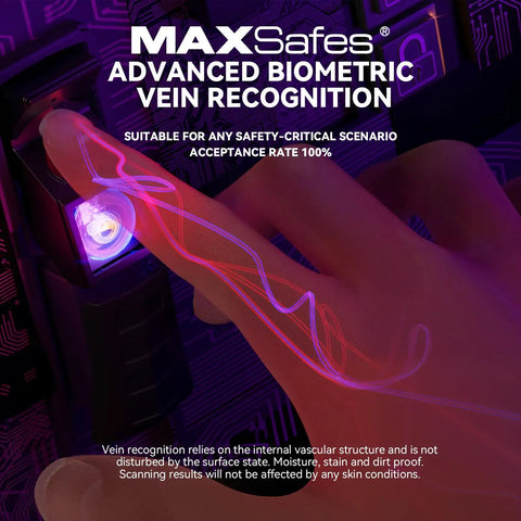 Hand using advanced biometric vein scanner on Heavy Duty Under Desk Gun Safe With Top Notch Biometric Finger Vein Lock For Dual Pistol Quick Grab Bullseye Accuracy Home Office Vehicle Hardened Storage.