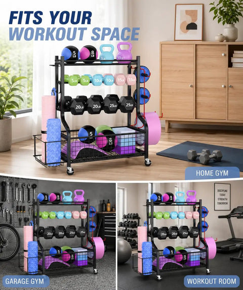 Heavy Duty Steel Dumbbell Rack With Smooth Rolling Caster Wheels Built Tough For Easy Peasy Home Gym Organization Keeps Kettlebells Yoga Mats Resistance Bands And All Your Favorite Fitness Gear Safe And Sound
