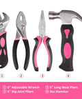 Pink 52 Piece Hand Tool Set With Easy Carry Round Pouch For DIY Home Repairs And Everyday Projects Durable Beginner And Weekend Warrior Home Improvement Kit showing adjustable wrench, slip joint pliers, long nose pliers, and hammer