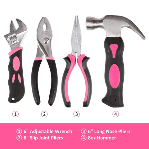 Pink 52 Piece Hand Tool Set With Easy Carry Round Pouch For DIY Home Repairs And Everyday Projects Durable Beginner And Weekend Warrior Home Improvement Kit showing adjustable wrench, slip joint pliers, long nose pliers, and hammer