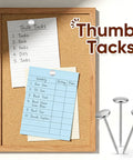 Fifty Piece Extra Long Upholstery Nails With Slick Silver Flat Heads For Heavy Duty Furniture Fixups And Diy Projects Comes In A Nifty Plastic Tote Box For No Sweat Storage And Effortless Installation on a corkboard.
