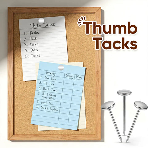 Fifty Piece Extra Long Upholstery Nails With Slick Silver Flat Heads For Heavy Duty Furniture Fixups And Diy Projects Comes In A Nifty Plastic Tote Box For No Sweat Storage And Effortless Installation on a corkboard.